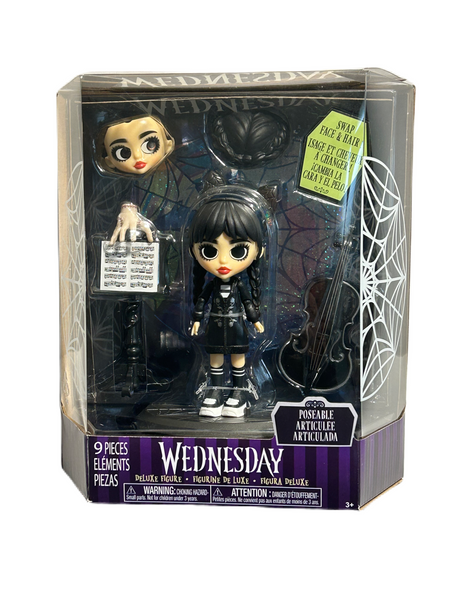 Wednesday Deluxe 6-inch Articulated Figure, 9 pieces, Interchangeable Face Plates and Fashion, Customizable Collectible Figurine, Kids Toys for Ages 3 Up