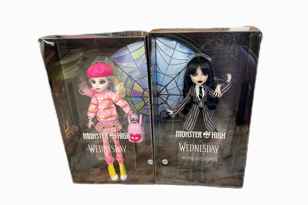 Monster High Wednesday Doll & Accessories, Wednesday Addams Collectible in Nevermore Academy Uniform with Thing & Backpack, Doll Stand. Monster High Wednesday Doll and Accessories, Enid Sinclair Collectible in Pink Fashion with Beret & Backpack, Doll Stan
