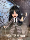 Monster High Wednesday Doll & Accessories, Wednesday Addams Collectible in Nevermore Academy Uniform with Thing & Backpack, Doll Stand. Monster High Wednesday Doll and Accessories, Enid Sinclair Collectible in Pink Fashion with Beret & Backpack, Doll Stan