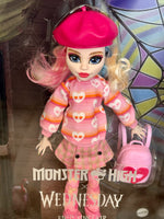 Monster High Wednesday Doll & Accessories, Wednesday Addams Collectible in Nevermore Academy Uniform with Thing & Backpack, Doll Stand. Monster High Wednesday Doll and Accessories, Enid Sinclair Collectible in Pink Fashion with Beret & Backpack, Doll Stan