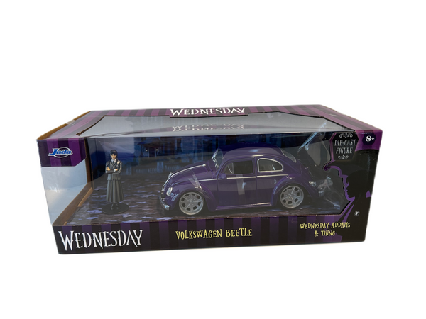 Jada 1:24 Hollywood Rides Wednesday Purple Volkswagen Beetle including Wednesday Adams & Thing figurines Diecast Vehicle 2024